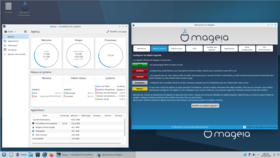 Surveillance du système et l’écran de bienvenue de Mageia 9 sous KDE Plasma.