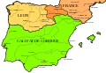 La péninsule ibérique vers 1000 ; le León est en jaune.