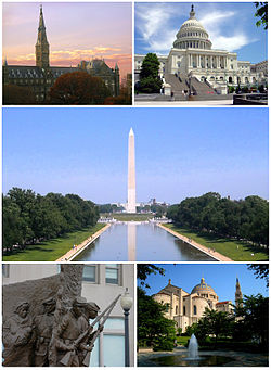Washington nevezetességei: fönt balra a Georgetown Egyetem; jobbra az Amerikai Egyesült Államok Capitoliuma; középen a Washington-emlékmű, lent jobbra a Szeplőtelen fogantatás nemzeti szentély bazilika; balra az Afroamerikai veteránok emlékműje