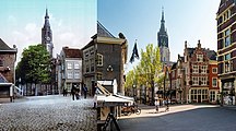 Vues sur la nouvelle église (en nl Nieuwe Kerk) depuis la rue Cameretten à Delft (vues vers 1900 et le 27 avril 2020).