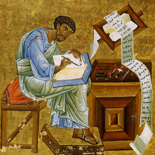 Saint Marc copiant un rouleau dans un codex