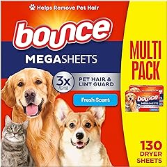 Bounce Pet Hair and Lint Guard Mega Dryer Sheets with 3X Pet Hair Fighters, Fresh Scent, 130 Count (Packaging May Vary)