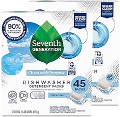 Seventh Generation Dishwasher Detergent Packs for Sparkling Dishes Free & Clear Dishwasher Tabs 45 Count, Pack of 2 (Packagin