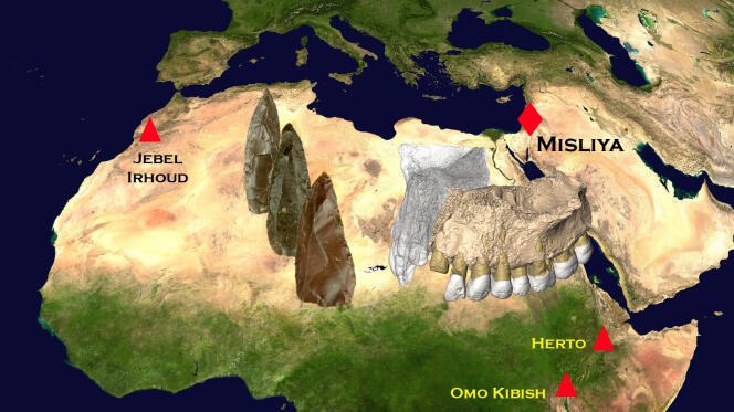 Sites où des fossiles anciens d’« Homo sapiens » ont été trouvés, avec des exemples de pierres taillées de type Levallois.