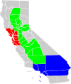 Map of California, US with various geographical regions highlighted
