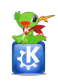 Konqi with KDE (Oxygen) logo.