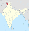 印度與巴基斯坦爭議領土，實際控制宣稱領土（寬米色和紅色條紋），未實際控制（窄米色和紅色條紋）。