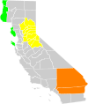 Map of California, US with various economic regions highlighted