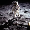 Astronaut Buzz Aldrin on the surface of the Moon, in a space suit (Behaviors: technology and exploration)