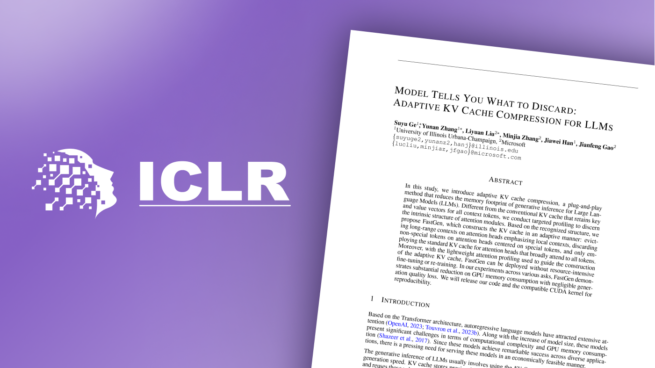 White ICLR logo to the left of the first page of the accepted paper, “Model Tells You What to Discard: Adaptive KV Cache Compression for LLMs” on a purple background.